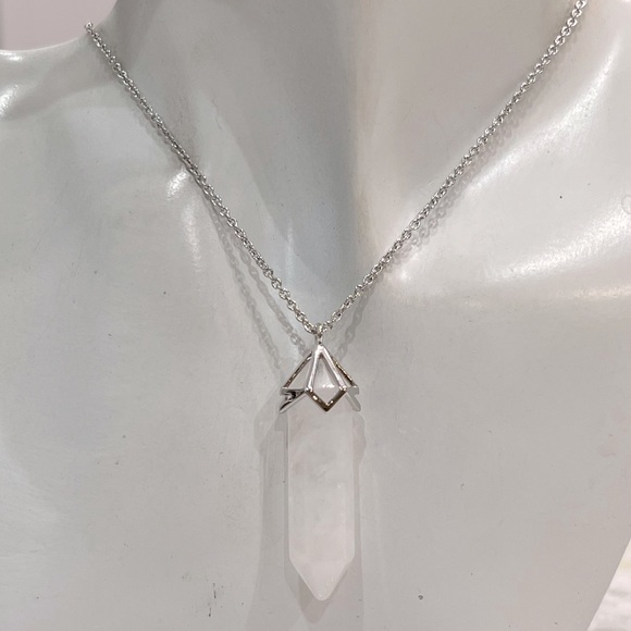 White Crystal Quartz Silvertone Crystal Point Pendant Necklace - Picture 2 of 9